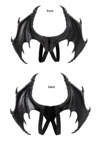 Front and back views of a black dragon wing costume accessory with elastic straps