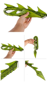 Close-up of green dragon tail prop with realistic scale texture and flexible foam material