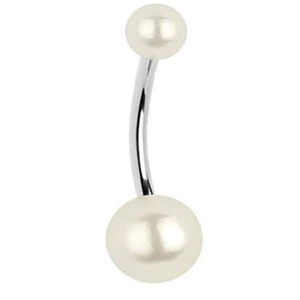 Piercing all'ombelico in acciaio inossidabile con perle bianche su barra curva