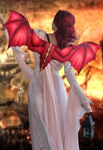 Detail of red dragon wings with lifelike scale texture and bone frame for Cosplay
