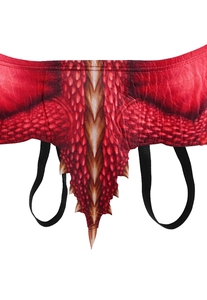 Detail view of red dragon scale printed fabric with elastic strap for cosplay wings