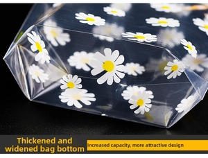 Macro detail of the thickened wide bottom gusset on a daisy print plastic drawstring bag