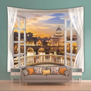 3D window tapestry showing Rome St. Peter's Basilica street view at dusk for room decor