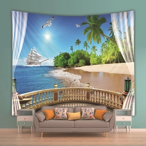 Bohemian tropical seaside wall tapestry featuring a white sailboat and palm trees for room decor