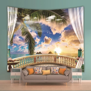 Detail of tropical sunset tapestry featuring palm trees and sea on a living room wall