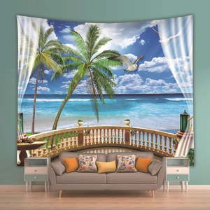 Detail of 3D tropical beach tapestry with palm trees and sea over a gray sofa