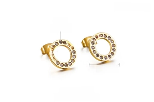 Rose gold stainless steel stud earrings with zircon inlay, 12mm size and 2g weight details