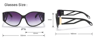 Detailed size chart for cat eye sunglasses showing 155mm frame width and 140mm temple length