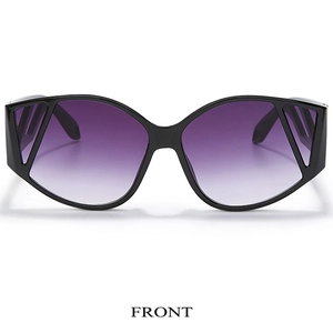 Front view of large cat-eye sunglasses with black frames and purple gradient lenses