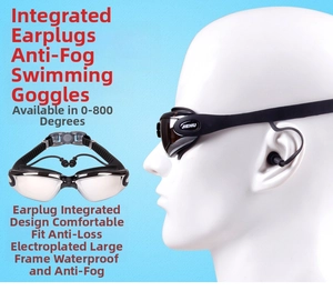 Waterproof anti-fog swim goggles with integrated earplugs and wide electroplated lens