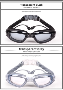 Detail of waterproof swim goggles with integrated earplugs in black and gray