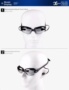 Detail view of electroplated black swimming goggles with silver lenses on a model head