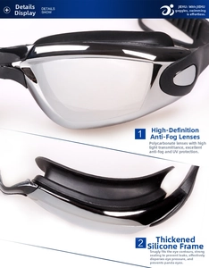 Detail view of anti-fog polycarbonate lenses and thick silicone seals on swimming goggles