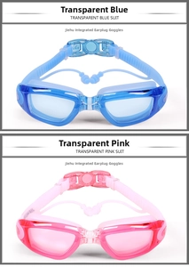 Detail of swim goggles with integrated earplugs and wide silicone anti-slip strap