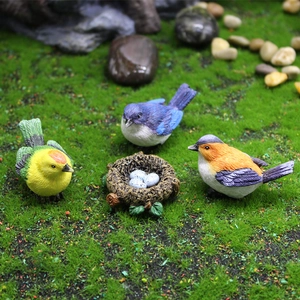Set of 3 realistic resin birds with a bird nest and eggs for miniature garden decor
