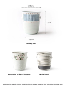 Three patterns of Japanese hand-painted ceramic utensil holders with detailed size measurements