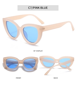 Pink translucent cat eye sunglasses with blue lenses shown in multiple display angles