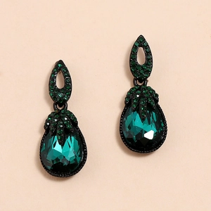 Vintage bohemian dark green teardrop earrings with crystals in black metal setting