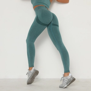 Close-up of seamless yoga leggings showing high-waist fit and scrunch butt detail