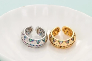 Luxurious wide band open ring with colorful zircon triangles in gold and silver finish