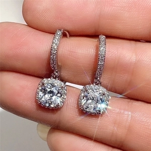 Sparkling square zircon halo drop earrings with elegant silver finish and crystal ear hooks