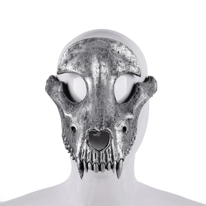 3D silver ram skull skeleton mask with realistic teeth and distressed metallic finish