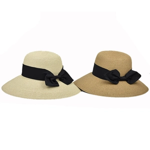 Summer wide brim straw sun hats with black bow ribbons in beige and khaki colors