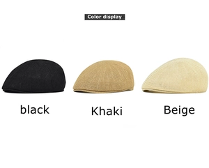 Mesh knit flat caps displayed in black, khaki, and beige colors on a white background