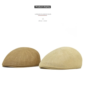 Detail showing the breathable knitted mesh texture on beige and tan men's beret hats