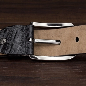 Men's premium black crocodile pattern leather belt with a sleek silver pin buckle