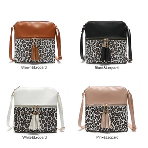 Collage of four crossbody bags featuring leopard print contrast and double tassels