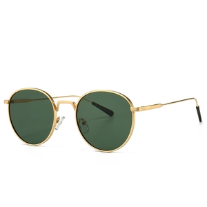 Retro round metal sunglasses with gold frame and dark green lenses in a 45-degree view