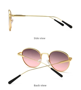 Side and back view of retro round metal sunglasses with pink gradient lenses