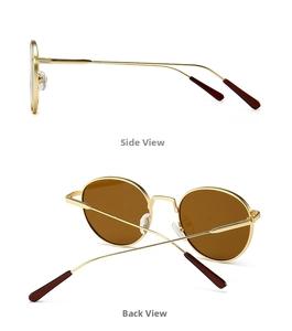 Detail view of round metal sunglasses frame featuring sleek gold temples and brown tips