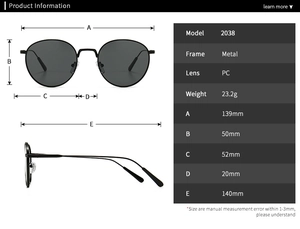 Detailed size chart and dimensions of the retro round metal frame sunglasses model 2038