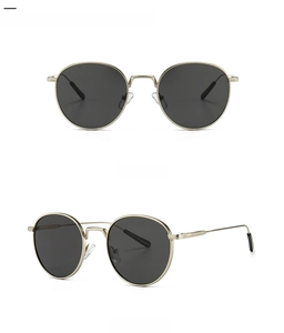 Front and 45-degree side views of silver round metal sunglasses with dark gray lenses