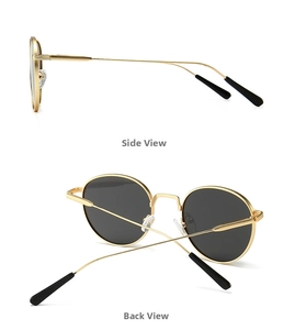 Detail view showing the sleek metal frames and side profile of round retro sunglasses