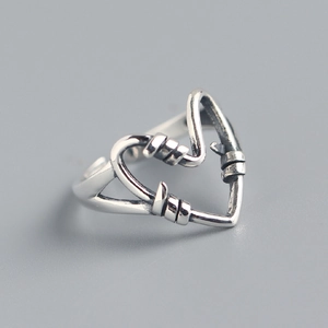 925 Sterling Silver Heart Ring Vintage Thorns Wire Wrapped Open Adjustable Retro Punk Jewelry For Women