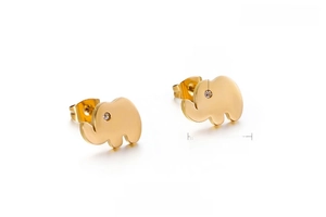 Detail of 12x9mm golden elephant stud earrings with zircon eye and stainless steel finish