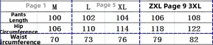 Detailed size chart for men's casual joggers showing waist and hip measurements