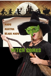 Detail of Halloween witch cosplay set with green latex mask, lace dress, and black hat