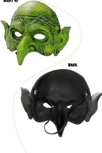 Macro detail of green goblin latex mask with realistic wrinkles and black elastic headband