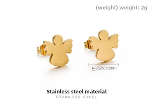 Detailed view of 12x12mm golden angel stud earrings made of durable stainless steel