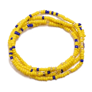 Double-layered yellow beaded waist chain with blue and gold accents on white background