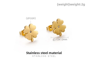 Detailed specs of four leaf clover earrings in gold stainless steel with zircon inlay