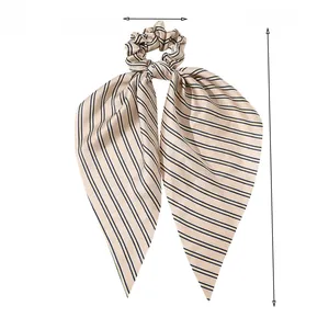 Detail showing dimension parameters of the striped satin ribbon hair scrunchie