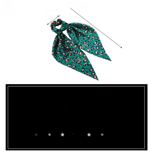 Detail of green leopard print satin hair scrunchie with long ribbon and dimensions