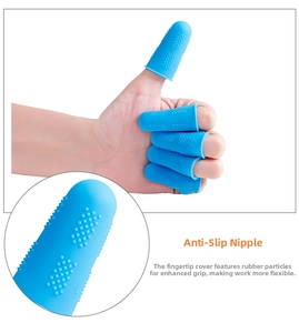 Detailed view of blue silicone finger protectors with non-slip texture for safety grip