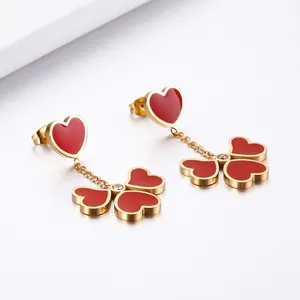 Heart Clover Drop Earrings Red Enamel Stainless Steel With Zircon Tassel Dangle For Women Elegant Fashion Jewelry