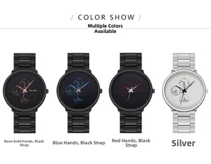 Detail view of four men's stainless steel watches in rose gold, blue, red, and silver styles